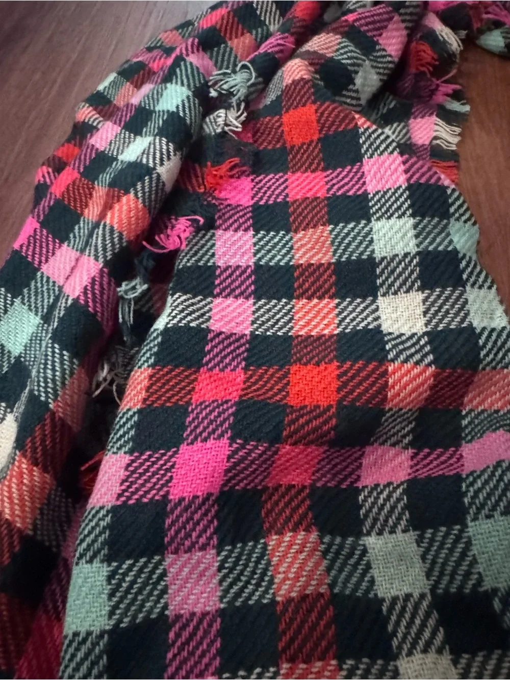 Plaid Fringe Wrap Scarf in Pink, Red & Black